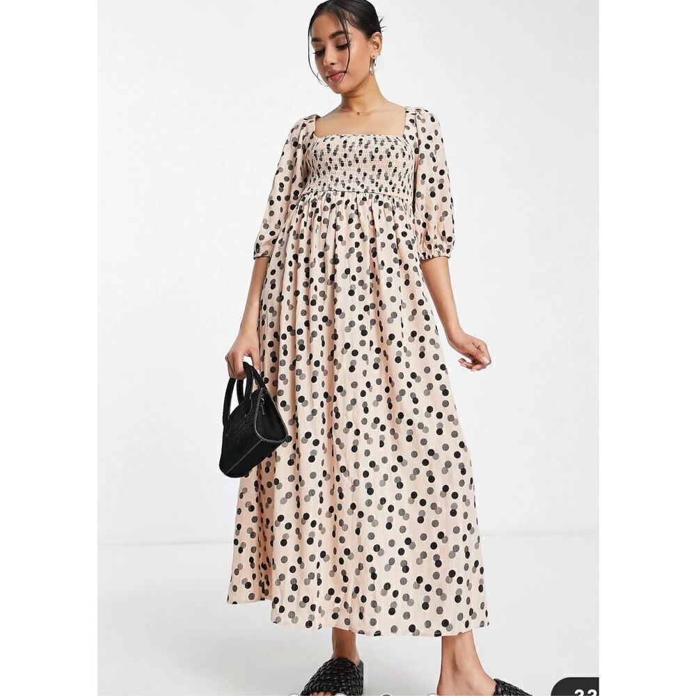 Lola May Petite shirred bust midi smock dress in polka dot NWT Size UK 12